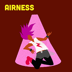 illustration of an air guitarist down on their knees with pink  hair flying