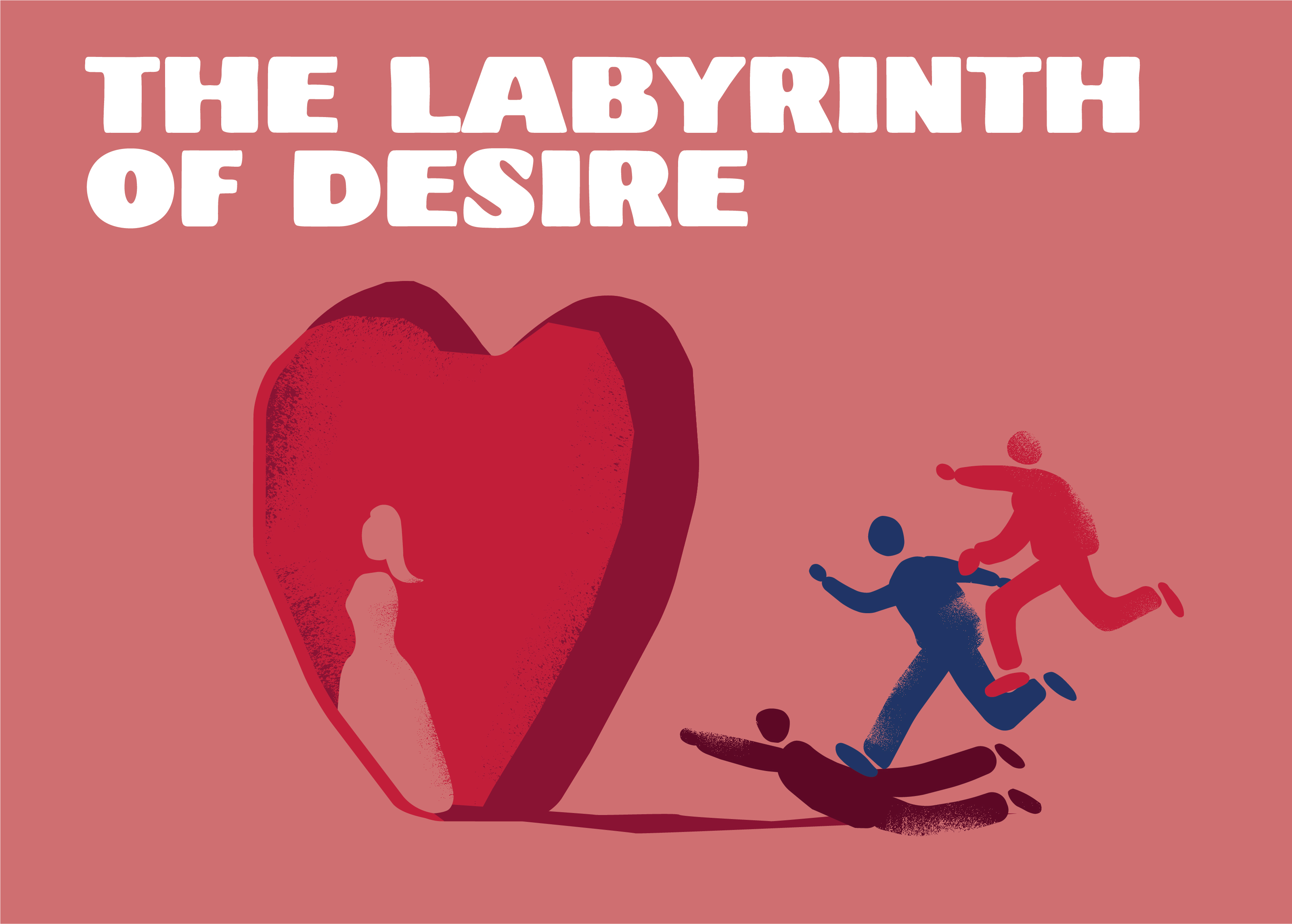 Show logo: Drawing of a woman entering a heart-shaped maze, chased by three figures