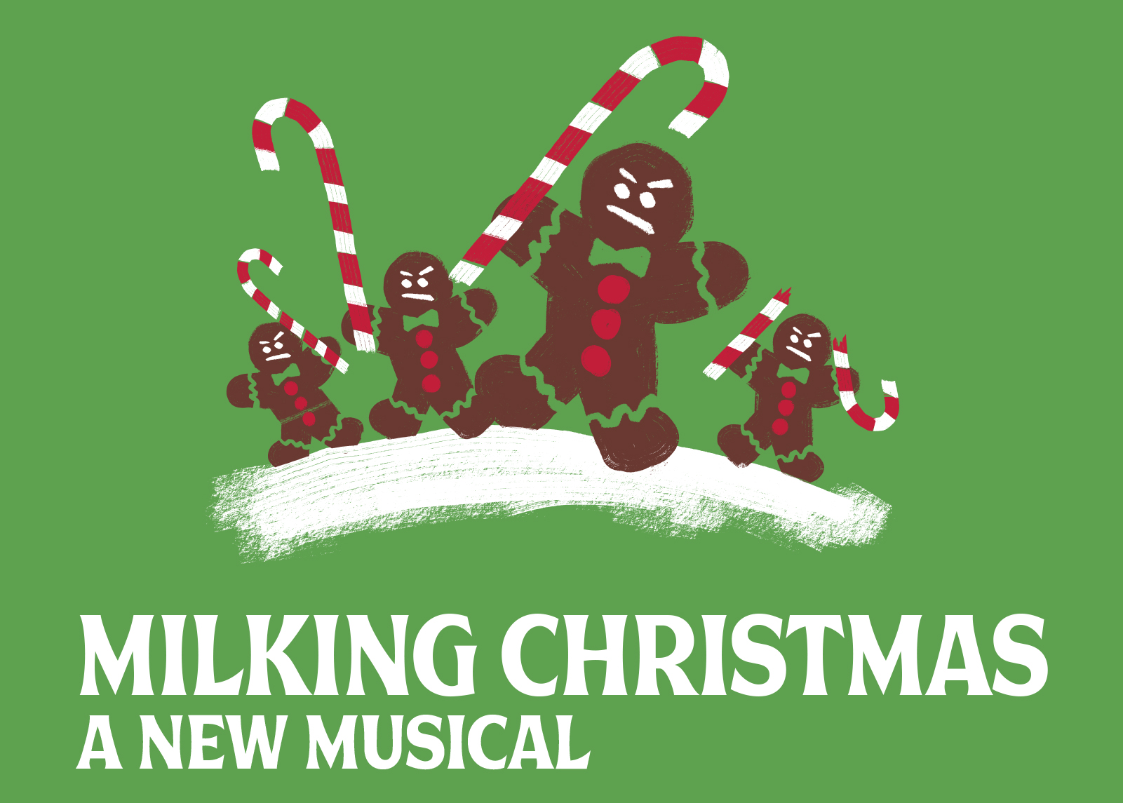 Milking Christmas Logo: Drawing of angry gingerbread men carrying candy cane spears.