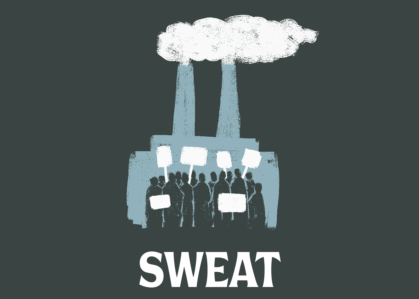 Sweat logo: drawing of of striking workers silhouetted against a factory
